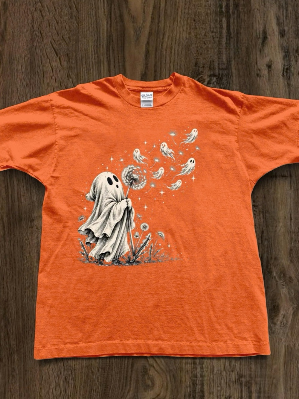 Gildan Orange Short sleeve Tee with White Ghost & Dandelion Graphic